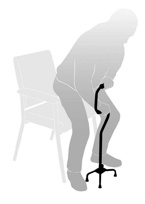 RGWS101-CROOKED-QUAD-CANE-human-using-quad Walking Stick, Quad Base, Crook Handle, Standing Assist, Bronze 850-1080mm (113Kg)